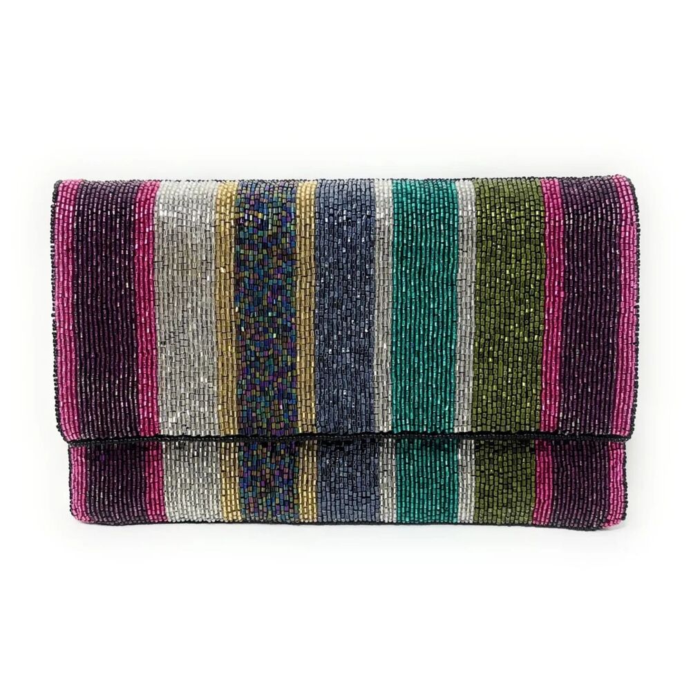 Hand Beaded Multi Color stripes Foldover Clutch w Hidden chain Strap